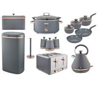 Tower Cavaletto Grey Kettle, 4 Slice Toaster, 6.5L Slow Cooker, Bread Bin, Canisters, Kitchen Roll Holder, 5 Piece Pan Set & 58L Sensor Bin. Complete Kitchen Set of 14 in Grey with Rose Gold Accents