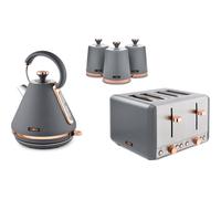 TOWER Cavaletto Pyramid Kettle, 4-Slice Toaster & Set of 3 Tea, Coffee & Sugar Canisters in Grey & Rose Gold. Matching Grey Kitchen Set