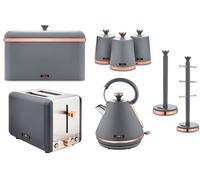 TOWER Cavaletto Grey & Rose Gold 3KW 1.7L Pyramid Kettle, 2 Slice 850W Toaster, Bread Bin, Set of 3 Tea, Coffee, Sugar Canisters, Mug Tree & Towel Pole. Matching Kitchen Set of 7 Items