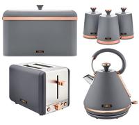TOWER Cavaletto Grey & Rose Gold 3KW 1.7L Pyramid Kettle, 2 Slice 850W Toaster, Bread Bin, Set of 3 Tea, Coffee, Sugar Canisters. Matching Kitchen Set of 6 Items in Grey & Rose Gold