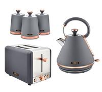 Tower Cavaletto Grey & Rose Gold 3KW 1.7L Pyramid Kettle, 2 Slice 850W Toaster & Set of 3 Tea, Coffee, Sugar Canisters. Matching Kitchen Set of 5 Items in Grey & Rose Gold