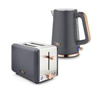 Tower Cavaletto Jug Kettle & 2 Slice Toaster Bundle, 1.7L 3kW Rapid Boil Kettle & 2 Slice Toaster with 6 Browning Levels, Grey with Rose Gold Accents, EEJB456