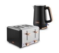 Tower Cavaletto Jug Kettle & 4 Slice Toaster Bundle, 1.7L 3kW Rapid Boil Kettle & 4 Slice Toaster with 6 Browning Levels, Black with Rose Gold Accents, EEJB459