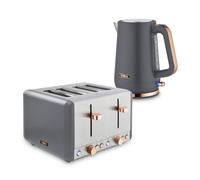 Tower Cavaletto Jug Kettle & 4 Slice Toaster Bundle, 1.7L 3kW Rapid Boil Kettle & 4 Slice Toaster with 6 Browning Levels, Grey with Rose Gold Accents, EEJB460