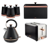 Tower Cavaletto Kettle 2 Slice Toaster Canisters Bread Bin Set Black & Rose Gold ompliant]