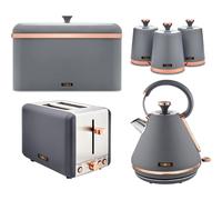 TOWER Cavaletto Grey & Rose Gold 3KW 1.7L Pyramid Kettle, 2 Slice 850W Toaster, Bread Bin, Set of 3 Tea, Coffee, Sugar Canisters. Matching Kitchen Set of 6 Items in Grey & Rose Gold