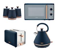 Tower Cavaletto Midnight Blue 1.7L 3KW Pyramid Kettle, 2 Slice Toaster, 800W 20L Microwave & Canisters. Matching Kitchen Set of 6 in Midnight Blue with Rose Gold Accents