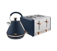 Tower Cavaletto Kitchen Set, 1.7L Rapid Boil Kettle & 4 Slice Toaster, Midnight Blue and Rose Gold, T10044MNB, T20051MNB