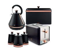 Tower Cavaletto Kitchen Set 4 Piece Bundle - 3kW 1.7L Pyramid Kettle & 2 Slice Toaster with Bread Bin & Canisters - Black & Rose Gold - EEJB472