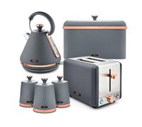 Tower Cavaletto Kitchen Set 4 Piece Bundle - 3kW 1.7L Pyramid Kettle & 2 Slice Toaster with Bread Bin & Canisters - Grey & Rose Gold - EEJB471