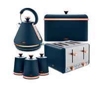 Tower Cavaletto Kitchen Set 4 Piece Bundle - 3kW 1.7L Pyramid Kettle & 4 Slice Toaster with Bread Bin & Canisters - Midnight Blue - EEJB473