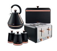 Tower Cavaletto 4 Piece Kitchen Set, 3kW 1.7L Pyramid Kettle, 4 Slice Toaster, Bread Bin & 3 x 1.3L Canisters, Black, EEJB475
