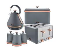 Tower Cavaletto Kitchen Set 4 Piece Bundle - 3kW 1.7L Pyramid Kettle & 4 Slice Toaster with Bread Bin & Canisters - Grey - EEJB474