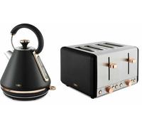 Tower Cavaletto Black & Rose Gold 1.7L 3KW Pyramid Kettle & 4 Slice 1800W Toaster. Contemporary Matching Kettle & 4 Slice Toaster Set in Black & Rose Gold