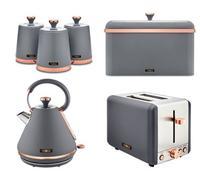 TOWER Cavaletto Grey & Rose Gold 3KW 1.7L Pyramid Kettle, 2 Slice 850W Toaster, Bread Bin, Set of 3 Tea, Coffee, Sugar Canisters. Matching Kitchen Set of 6 Items in Grey & Rose Gold