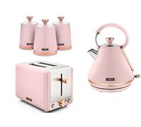 Tower Cavaletto Pink 1.7L 3KW Pyramid Kettle, 2 Slice Toaster & Tea, Coffee & Sugar Canisters. Matching Kitchen Set in Marshmallow Pink & Rose Gold