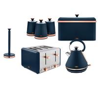 Tower Cavaletto Midnight Blue And Rose Gold 7-Piece Kitchen Set - 1.7L Pyramid Kettle, 4-Slice Toaster And Matching Storage