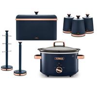 Tower Cavaletto Midnight Blue & Rose Gold 3.5L Slow Cooker, Bread Bin, Set of 3 Tea, Coffee & Sugar Canisters, Mug Tree & Towel Pole. Matching Set of 7 Kitchen Items in Midnight Blue & Rose Gold