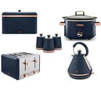 Tower Cavaletto Midnight Blue & Rose Gold 3KW 1.7L Pyramid Kettle, 4 Slice 1800W Toaster, 6.5L Slow Cooker, Bread Bin & Set of 3 Tea, Coffee, Sugar Canisters. Matching Kitchen Set of 7 Items