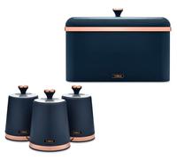 Tower Cavaletto Modern & Contemporary Bread Bin and Set of 3 Tea, Coffee & Sugar Canisters. Kitchen Storage Set in Stylish Midnight Blue finish with Elegant Rose Gold Accents