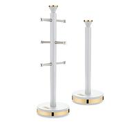 Tower Cavaletto Mug Tree and Towel Pole Set with Anti-Slip Base, White and Champagne Gold