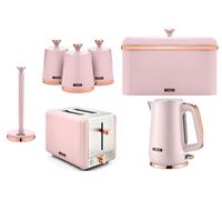Tower Cavaletto Pink 7-Piece Kitchen Set - 1.7L Jug Kettle, 2-Slice Toaster, Bread Bin, 3 Canisters & Kitchen Roll Holder