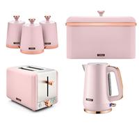 Tower Cavaletto Pink 1.7L 3KW Pyramid Kettle, 2 Slice Toaster & Tea, Coffee & Sugar Canisters. Matching Kitchen Set in Marshmallow Pink & Rose Gold