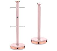 Tower Cavaletto Pink Mug Tree & Kitchen Roll Holder. Contemporary Matching Kitchen Storage Set in Pink with Rose Gold Accents.