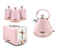 Tower Cavaletto Pink 1.7L 3KW Pyramid Kettle, 2 Slice Toaster & Tea, Coffee & Sugar Canisters. Matching Kitchen Set in Marshmallow Pink & Rose Gold