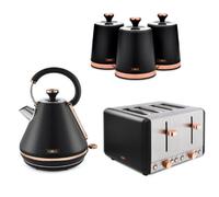 TOWER Cavaletto Black & Rose Gold 3KW 1.7L Pyramid Kettle, 4-Slice 1800W Toaster & Set of 3 Tea, Coffee, Sugar Canisters. Matching Kitchen Set in Black & Rose Gold