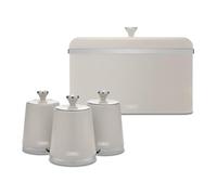 Tower Cavaletto Storage Set, Latte | Bread Bin, 3 x 1.3L Canisters , Steel Kitchen Storage Set with Rose Gold Accents, EEJB436