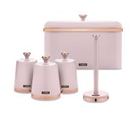 Tower Cavaletto Storage Set, Marshmellow Pink | Bread Bin, 3 x 1.3L Canisters & Towel Pole, Steel Kitchen Storage Set with Rose Gold Accents, EEJB437