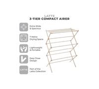 Tower T873020MSH 3 Tier Compact Airer with 11 Drying Rods, Racks for Shoes, Foldable Design, Anti-Slip Feet, Weight Capacity 10kg, Latte