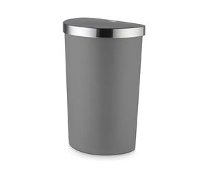 Tower Curved Sensor Bin with Bin Liner Retainer Ring, Durable PP Body, Battery Operated, 50L, Grey with Stainless Steel Trim on Lid
