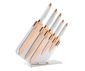 Tower Damascus Effect 5 Piece Kitchen Knife Set with Stainless Steel Blades and Acrylic Stand, Rose Gold and White, T81532RW
