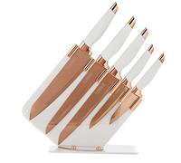 Tower Damascus Effect Kitchen Knife Set with Stainless Steel Blades and Acrylic Stand, Rose Gold/White, 5 Piece