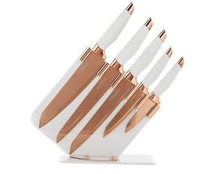 Tower Damascus Effect Kitchen Knife Set with Stainless Steel Blades and Acrylic Stand, Rose Gold/White, 5 Piece