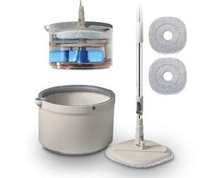 Tower Duo Compact Spin Mop & Bucket, Clean & Dirty Water Separation, Effortless 360° Wringing, 2 Reusable Microfibre Mop Pads, Latte & Grey, T869009MSH