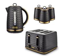 Tower Empire Black Jug 3KW 1.7L Kettle, 4 Slice Toaster & Set of 3 Tea, Coffee & Sugar Canisters. Art Deco Design Matching Set of 5 Kitchen Items in Black with Brass Accents