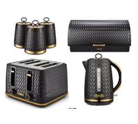 Tower Empire 1.7L 3KW Jug Kettle, 4 Slice 1600W Toaster, Bread Bin & Set of 3 Tea, Coffee & Sugar Canisters. Kitchen Set of 6 in Black with Brass Accents