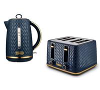 Tower Empire Kitchen Set, 1.7L Rapid Boil Kettle and 4 Slice Toaster, Midnight Blue with Brass Accents, T10052MNB & T20061MNB