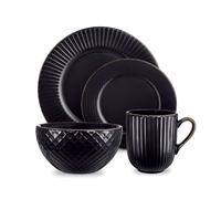 Tower Empire Dinnerware Set, 16 Piece, Stoneware, Black & Brass T867002Blk Black One Size