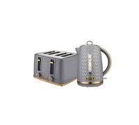 Tower Empire Kitchen Set, 1.7L Rapid Boil Kettle and 4 Slice Toaster, Grey with Brass Accents, T20061GRY & T10052GRY