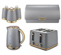 TOWER Empire Grey Kitchen Set Including Jug Kettle, 4 Slice Toaster, Bread Bin & Set of 3 Tea, Coffee & Sugar Canisters. Matching Art Deco Design Kitchen Set of 6 Items in Grey with Brass Accents