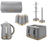 TOWER Empire Grey Kitchen Set Including Jug Kettle, 4 Slice Toaster, Bread Bin, Set of 3 Canisters, Mug Tree & Towel Pole. Art Deco Design Kitchen Set of 8 Items in Grey with Brass Accents