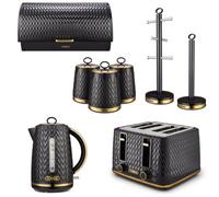 Tower Empire Black 8-Piece Kitchen Set - 1.7L 3Kw Kettle, 4-Slice Toaster, Bread Bin & Canisters