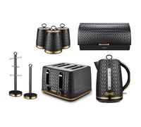 Tower Empire 1.7L 3KW Jug Kettle, 4 Slice 1600W Toaster, Bread Bin, Set of 3 Tea, Coffee & Sugar Canisters, Mug Tree & Towel Pole. Kitchen Set of 8 in Black with Brass Accents