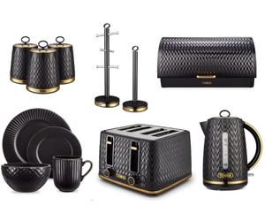 Tower Empire Black Jug Kettle, 4 Slice Toaster, Bread Bin, Set of 3 Canisters, Mug Tree, Towel Pole & 16 Piece Dinner Set. Art Deco Design Matching Ultimate Kitchen Set in Black with Brass Accents