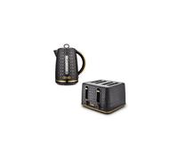 Tower Empire Black Jug 3KW 1.7L Kettle & 4 Slice 1600W Toaster. Art Deco Design Kettle & 4 Slice Toaster Matching Set in Black with Brass Accents