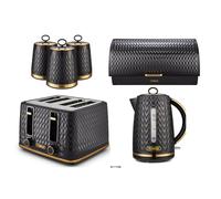Tower Empire Black Jug Kettle, 4-Slice Toaster, Roll-Top Bread Bin & Canisters - Art Deco Brass Accents